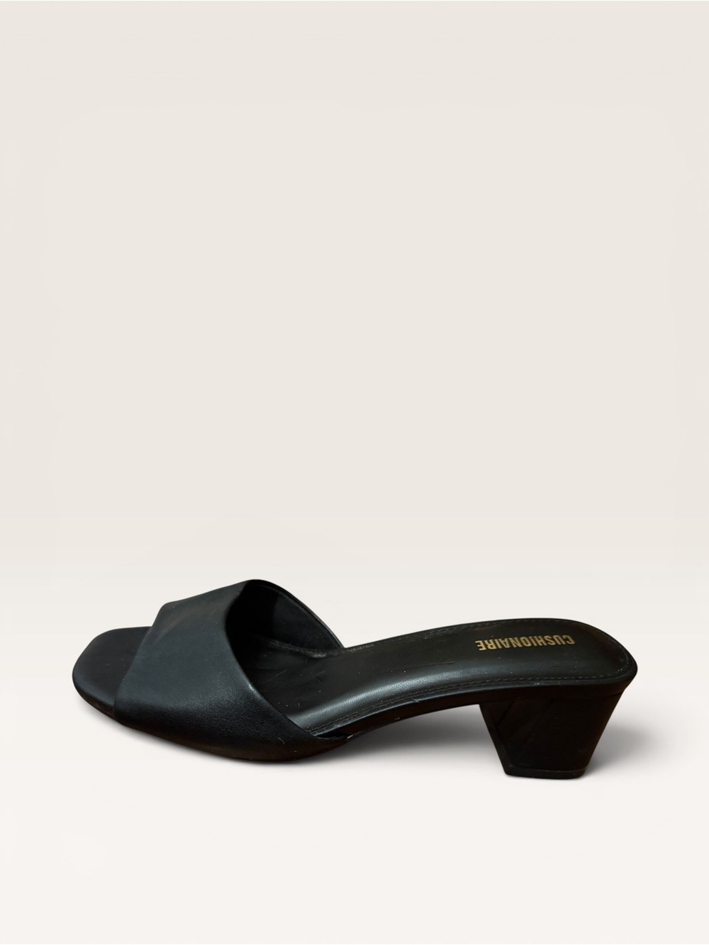 Cushionaire Black Leather Low Block Heel Mule